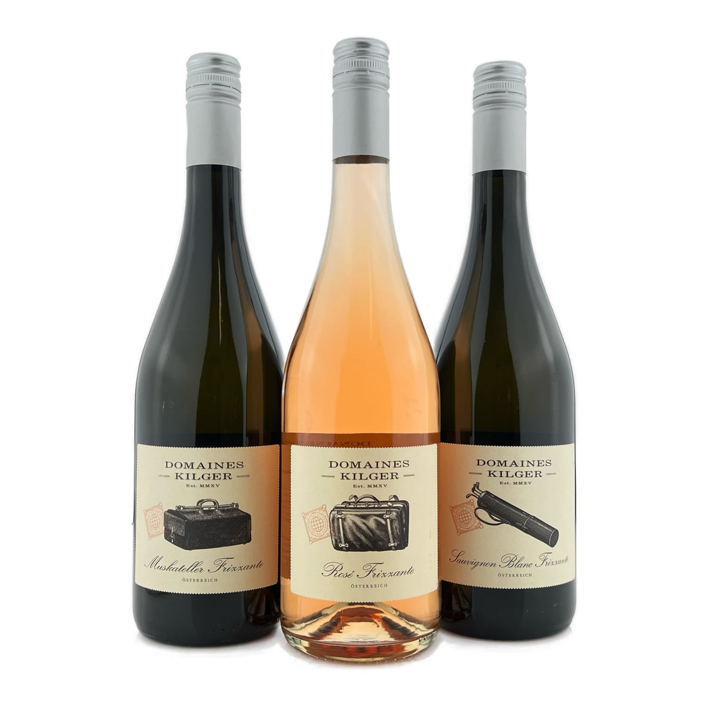 Domaines Kilger Frizzante Set 3x0,75L Sauvignon Blanc, Muskateller, Blauer Wildbacher u. Zweigelt